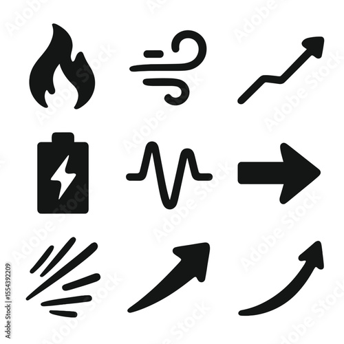 Energy Theme Icons. Solid, filled icons set of energy and momentum themes: fire spark, wind swirl, progress