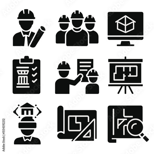 Engineering Icon Set. Solid, filled icons set of engineering collaboration: architect icon, engineer team,
