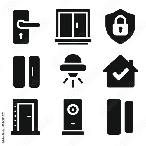 Entryway Security Icons. Solid, filled icons set of entryway protection: front door lock, window alarm, secure
