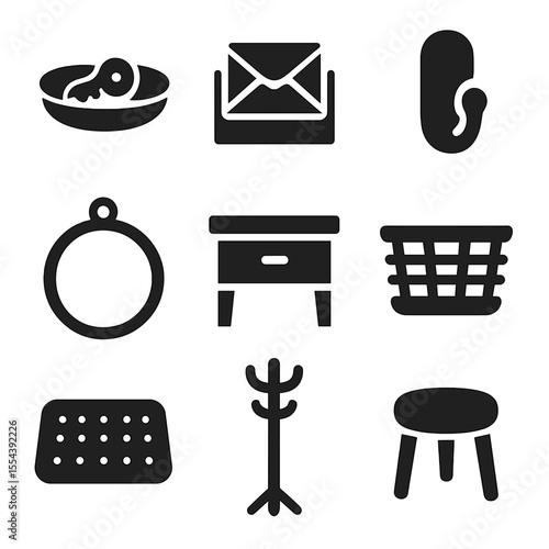 Entryway Essentials Icons. Solid, filled icons set of entryway and hallway tables: key dish, mail stack, wall