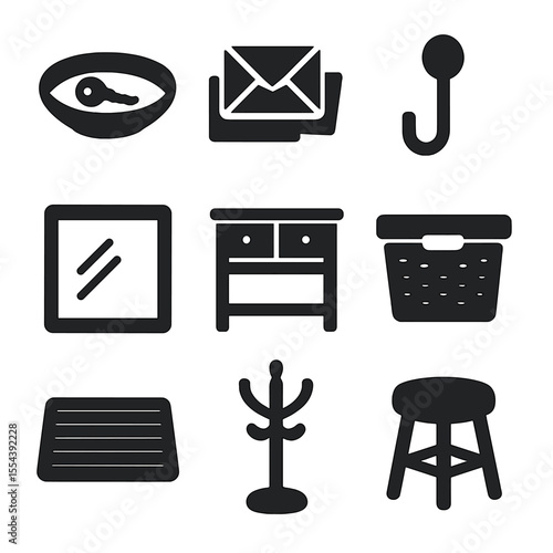 Entryway Essentials Icons. Solid, filled icons set of entryway and hallway tables: key dish, mail stack, wall