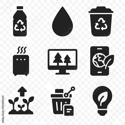 Environmental Startup Icons. Solid, filled icons set of environmental innovation startups: recycled bottle,