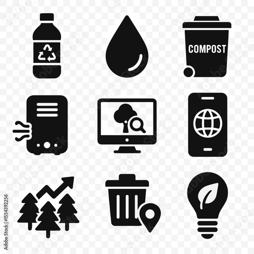 Environmental Startup Icons. Solid, filled icons set of environmental innovation startups: recycled bottle,