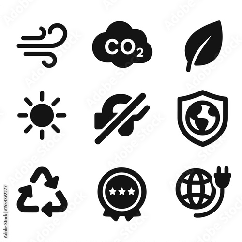 EV Benefits Icons. Solid, filled icons set of environmental benefits of EVs: clean air symbol, CO2 reduction,