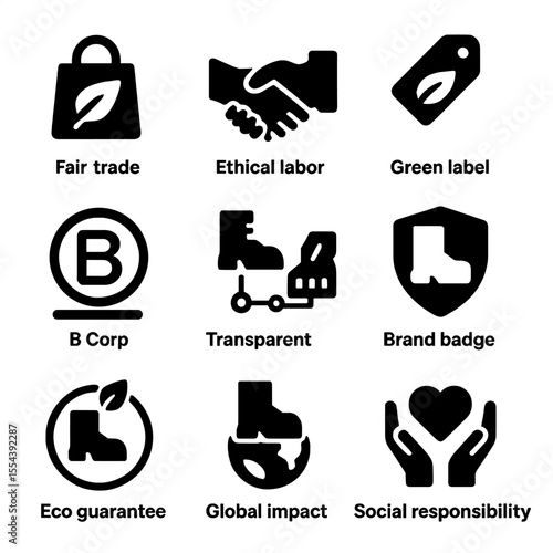 Ethical Footwear Icons. Solid, filled icons set of ethical footwear brands: fair trade icon, ethical labor,