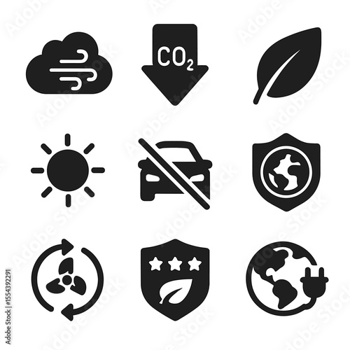 EV Benefits Icons. Solid, filled icons set of environmental benefits of EVs: clean air symbol, CO2 reduction,