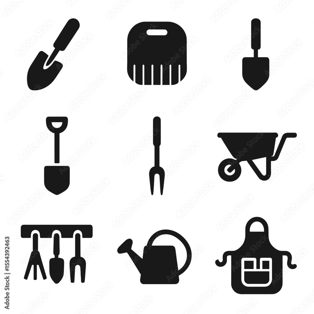 Fototapeta premium Fall Gardening Icons. Solid, filled icons set of fall gardening tools: hand trowel, leaf scooper, kneeling pad