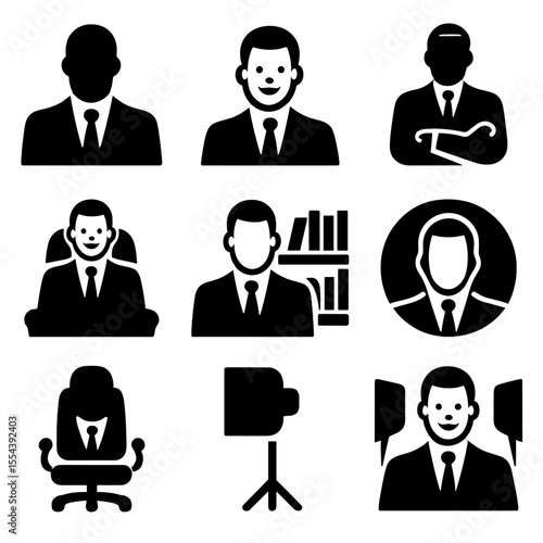 Executive Icon Set. Solid, filled icons set of executive portraits: CEO headshot, formal attire, leadership