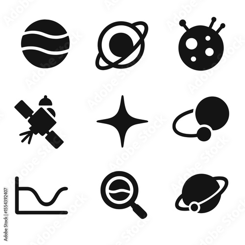 Exoplanet Exploration Icons. Solid, filled icons set of exoplanet exploration: distant planet, orbit icon,