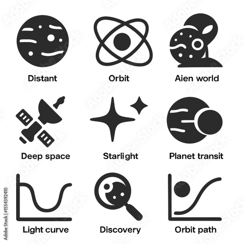 Exoplanet Exploration Icons. Solid, filled icons set of exoplanet exploration: distant planet, orbit icon,