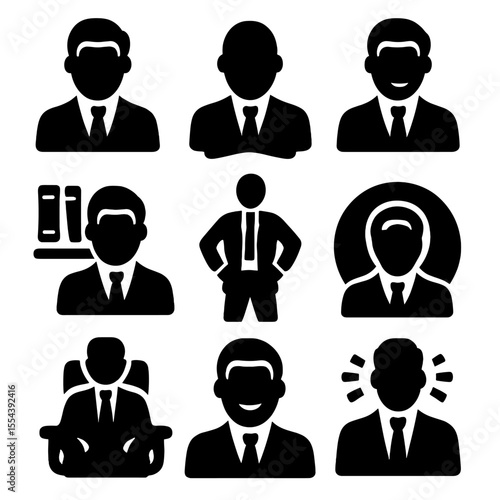 Executive Icon Set. Solid, filled icons set of executive portraits: CEO headshot, formal attire, leadership