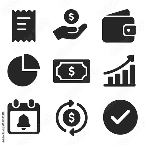 Expense Tracking Icons. Solid, filled icons set of tracking expenses and budgeting: receipt icon, spending
