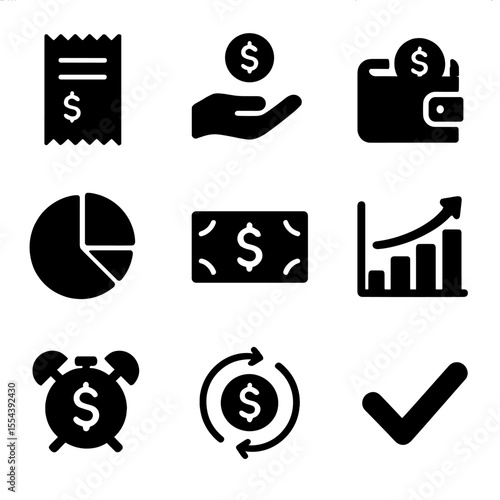 Expense Tracking Icons. Solid, filled icons set of tracking expenses and budgeting: receipt icon, spending