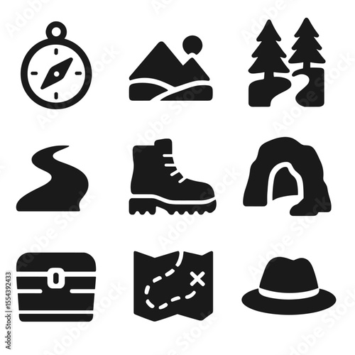 Explore Icon Set. Solid, filled icons set of open-world exploration games: compass icon, mountain view, forest
