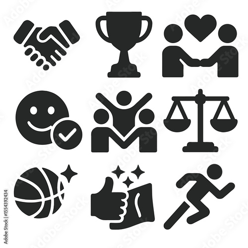 Icons of Fair Play. Solid, filled icons set of healthy competition and respect: handshake icon, trophy icon,