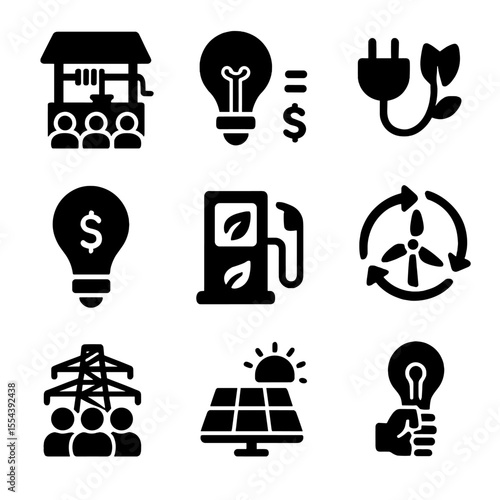 Fair Resource Icons. Solid, filled icons set of fair access to resources: community well, energy equity, green