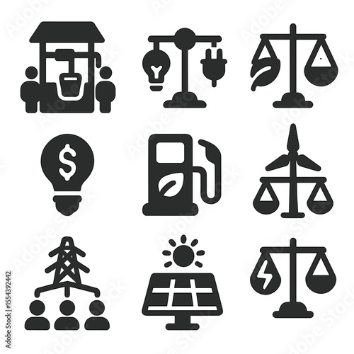 Fair Resource Icons. Solid, filled icons set of fair access to resources: community well, energy equity, green