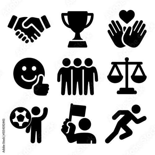 Icons of Fair Play. Solid, filled icons set of healthy competition and respect: handshake icon, trophy icon,