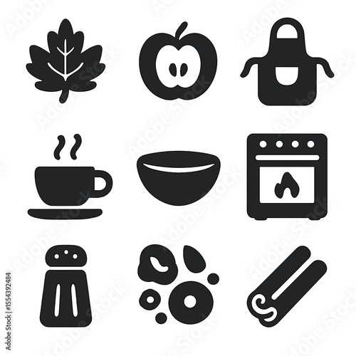 Fall Harvest Snack Icons. Solid, filled icons set of fall harvest snacks: autumn leaf, apple slice, kitchen