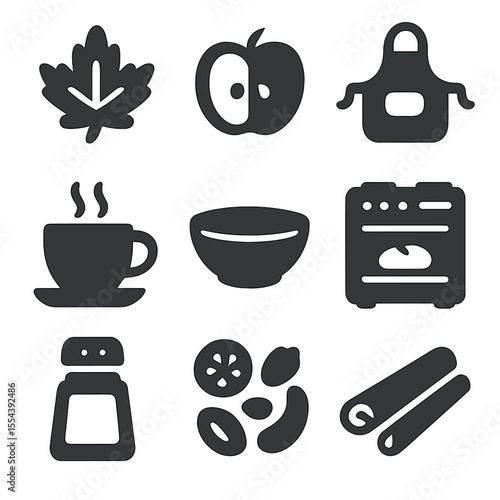 Fall Harvest Snack Icons. Solid, filled icons set of fall harvest snacks: autumn leaf, apple slice, kitchen