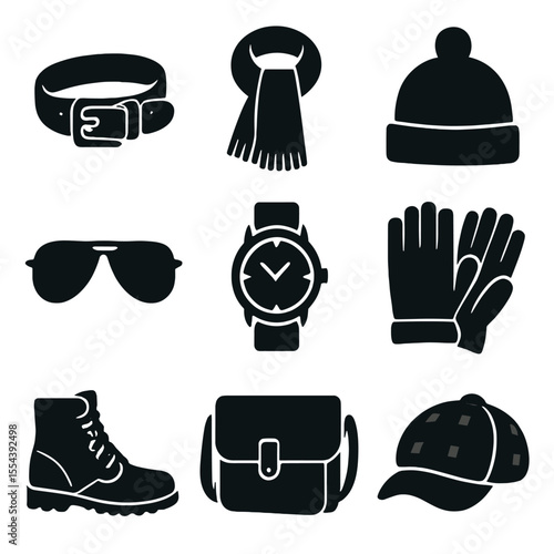 Fall Men's Accessories Icons. Solid, filled icons set of fall accessories for men: leather belt, wool scarf,