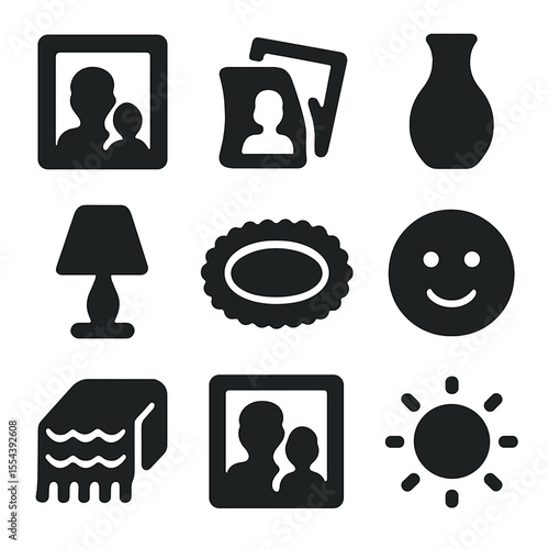 Family Memories Icons. Solid, filled icons set of family photo display: picture frame, memory photo,