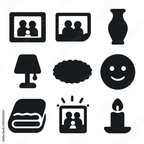 Family Memories Icons. Solid, filled icons set of family photo display: picture frame, memory photo,