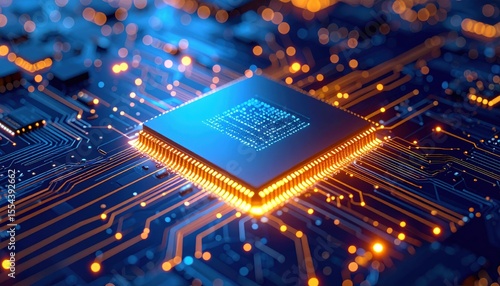 Close-up of a computer microchip with glowing circuitry, symbolizing advanced technology and innovation in digital systems.