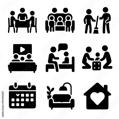 Family Routine Icons. Solid, filled icons set of family routines and togetherness: dinner table, family