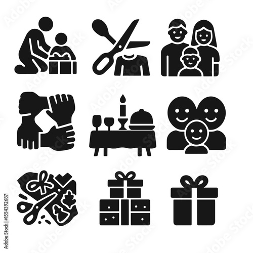 Family Gift Wrapping Icons. Solid, filled icons set of family gift wrapping moments: parent and child wrapping