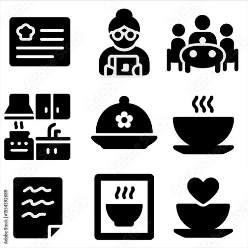 Family Recipe Icons. Solid, filled icons set of family recipe sharing and tradition: recipe card, grandma’s