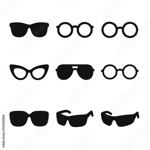 Fashion Eyewear Icons. Solid, filled icons set of fashion eyewear: designer sunglasses, reading glasses,