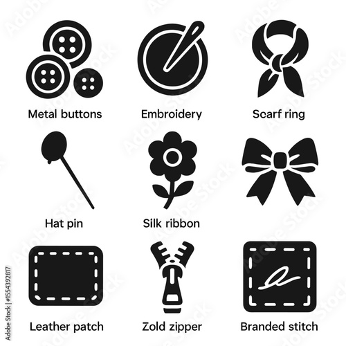 Fashion Detail Icons. Solid, filled icons set of upscale fashion details: metal buttons, embroidery pin, scarf