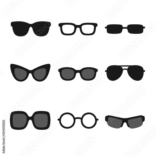 Fashion Eyewear Icons. Solid, filled icons set of fashion eyewear: designer sunglasses, reading glasses,