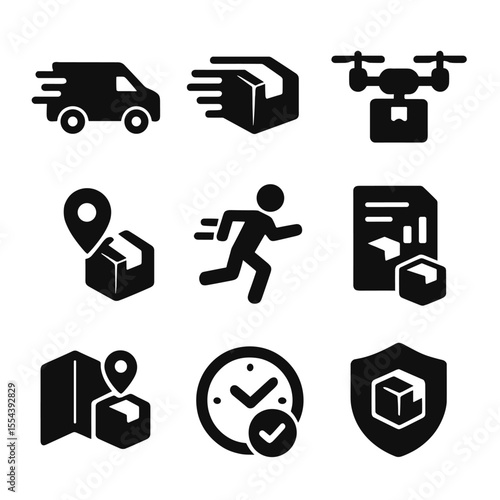 Fast Delivery Icons. Solid, filled icons set of fast and reliable delivery: delivery van, fast package, drone