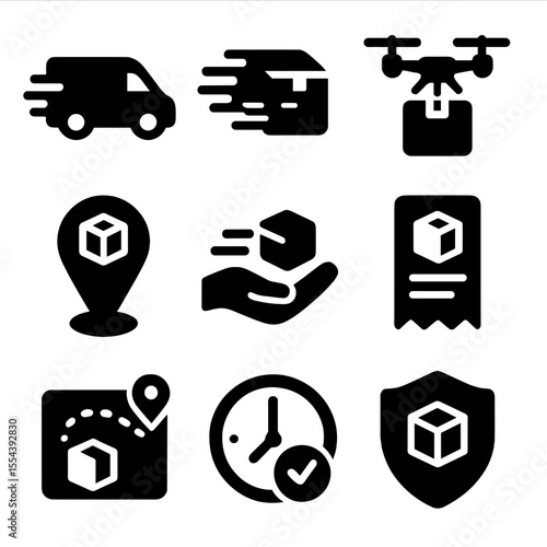 Fast Delivery Icons. Solid, filled icons set of fast and reliable delivery: delivery van, fast package, drone