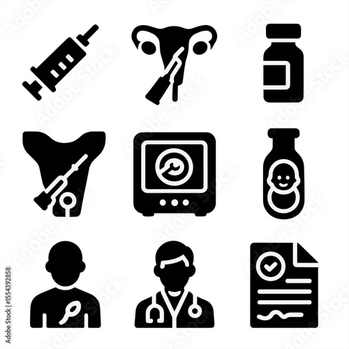 Fertility Treatment Icons. Solid, filled icons set of fertility treatments: IVF syringe, embryo transfer,