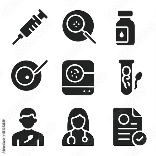 Fertility Treatment Icons. Solid, filled icons set of fertility treatments: IVF syringe, embryo transfer,