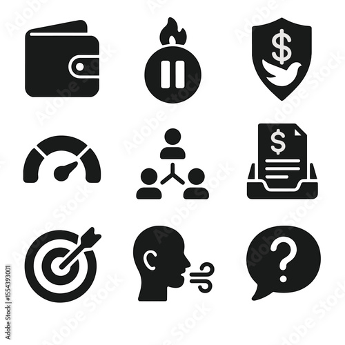 Financial Stress Prevention Icons. Solid, filled icons set of preventing financial stress: calm wallet icon,