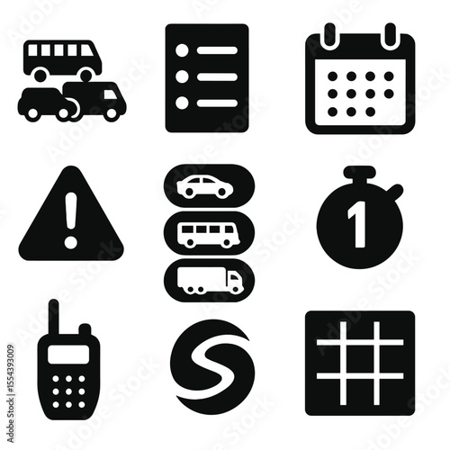 Fleet Scheduling Icons. Solid, filled icons set of commercial fleet scheduling: multiple vehicle icons,