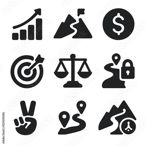 Financial Freedom Icons. Solid, filled icons set of long-term financial freedom and stability: growth icon,