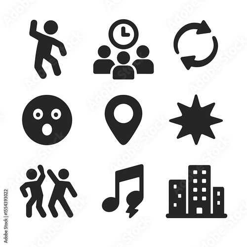 Flash Mob Icons. Solid, filled icons set of flash mobs: dance icon, group clock, synchronization arrows,