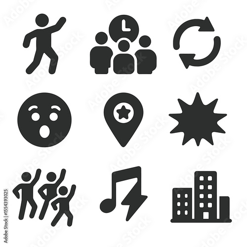 Flash Mob Icons. Solid, filled icons set of flash mobs: dance icon, group clock, synchronization arrows,