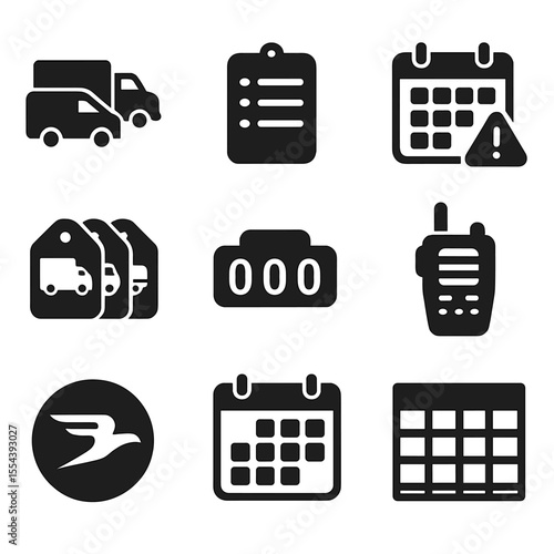 Fleet Scheduling Icons. Solid, filled icons set of commercial fleet scheduling: multiple vehicle icons,
