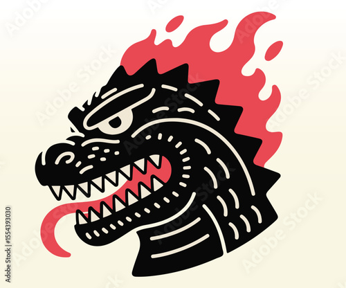 A unique mascot illustration of Godzilla’s head with a Japanese twist