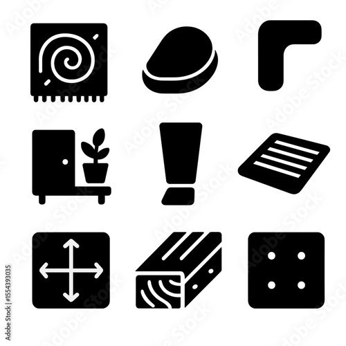 Floor Organization Icons. Solid, filled icons set of floor organization habits: floor rug, furniture slider,