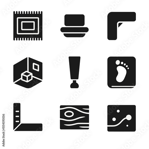 Floor Organization Icons. Solid, filled icons set of floor organization habits: floor rug, furniture slider,