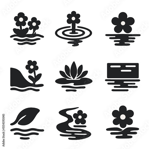 Floral Reflection Icons. Solid, filled icons set of floral reflections in water: flower cluster, ripple ring,
