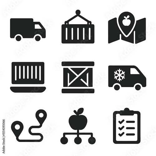 Food Logistics Icons. Solid, filled icons set of food supply chain logistics: delivery truck, shipping