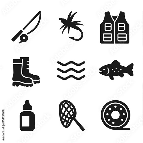 Fly Fishing Essentials Icons. Solid, filled icons set of fly fishing basics: fly rod, artificial fly, vest